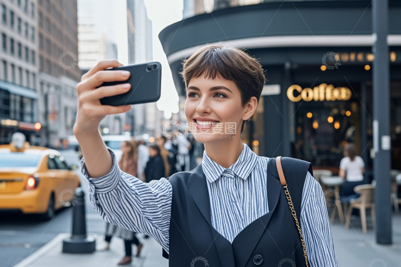 高清大图下载【趣麦麦图】户外年轻女子用智能手机自拍