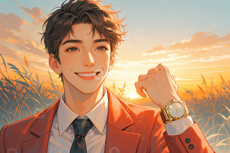 高清大图下载【趣麦麦图】身着西装微笑展示手表的男子