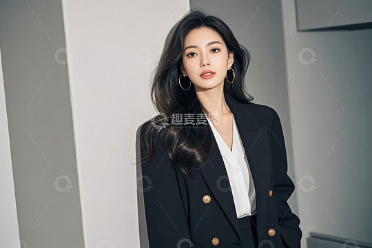 身着西装的女性靠墙站立