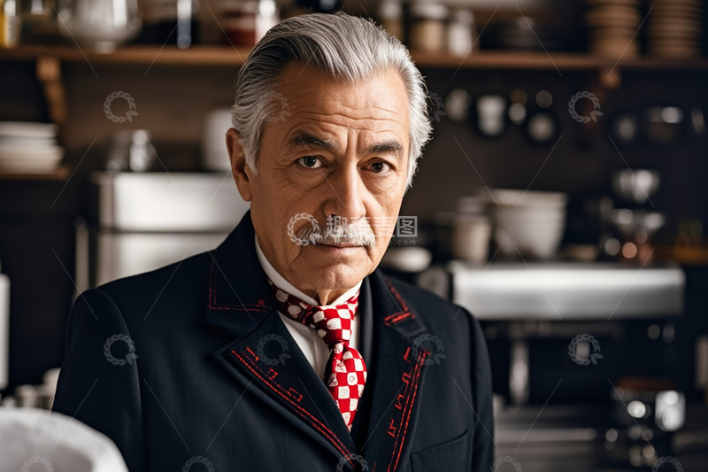 高清大图下载【趣麦麦图】餐厅中老年服务员正面肖像