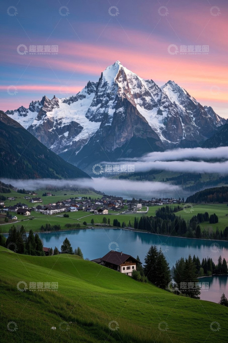 高清大图下载【趣麦麦图】欧洲雪山下的湖泊与村庄风光