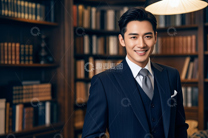 高清大图下载【趣麦麦图】西装男子于书房微笑肖像