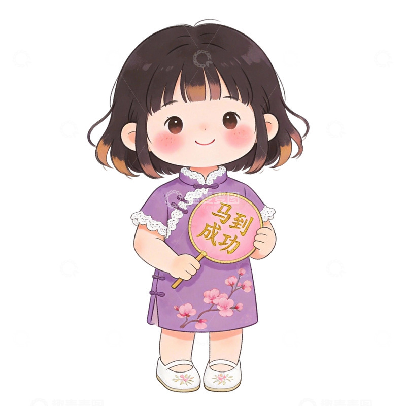 高清大图下载【趣麦麦图】卡通女孩旗袍成功新年祝福素材