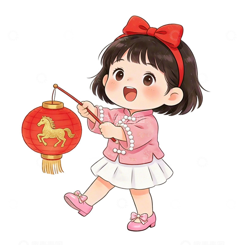 高清大图下载【趣麦麦图】卡通新年灯笼小女孩插画素材