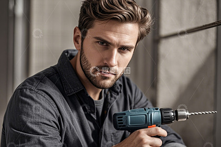 男性手持电钻的工作场景