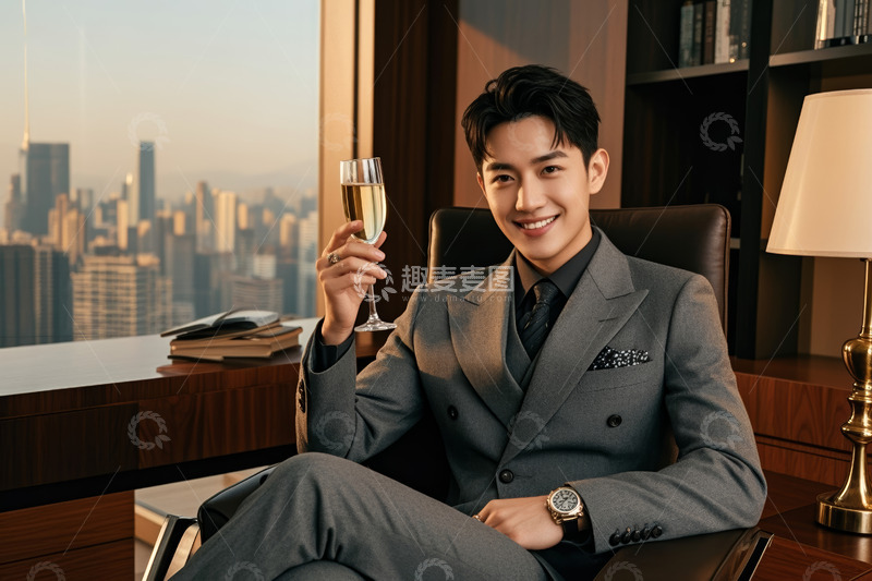 高清大图下载【趣麦麦图】西装男士办公室举杯微笑