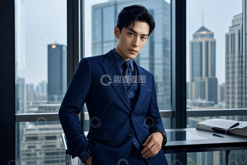 高清大图下载【趣麦麦图】身着西装的男士倚靠桌前