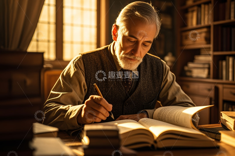高清大图下载【趣麦麦图】老人室内专注阅读书写场景