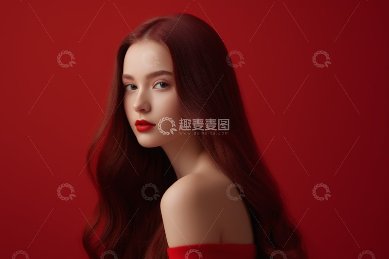 高清大图下载【趣麦麦图】红发女子红色背景特写肖像