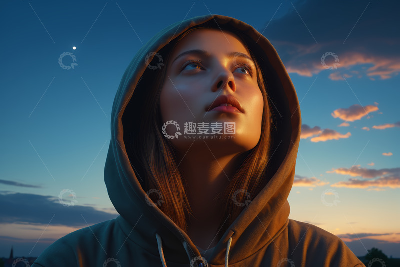 高清大图下载【趣麦麦图】穿连帽衫女子仰望天空