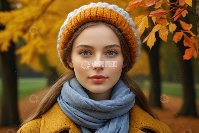 高清大图下载【趣麦麦图】秋日户外戴帽围巾的女子
