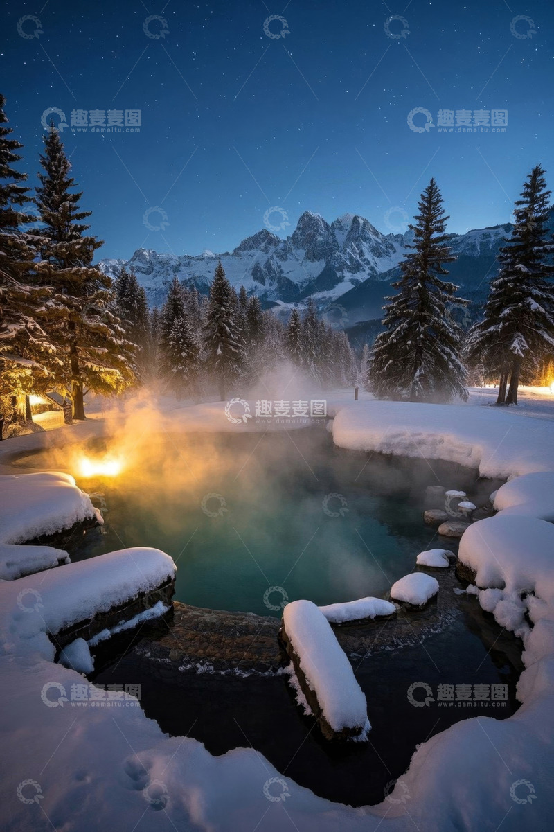 高清大图下载【趣麦麦图】雪夜山林中的温泉景观