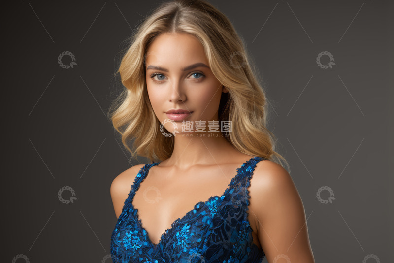 高清大图下载【趣麦麦图】金发女子蓝色服饰肖像