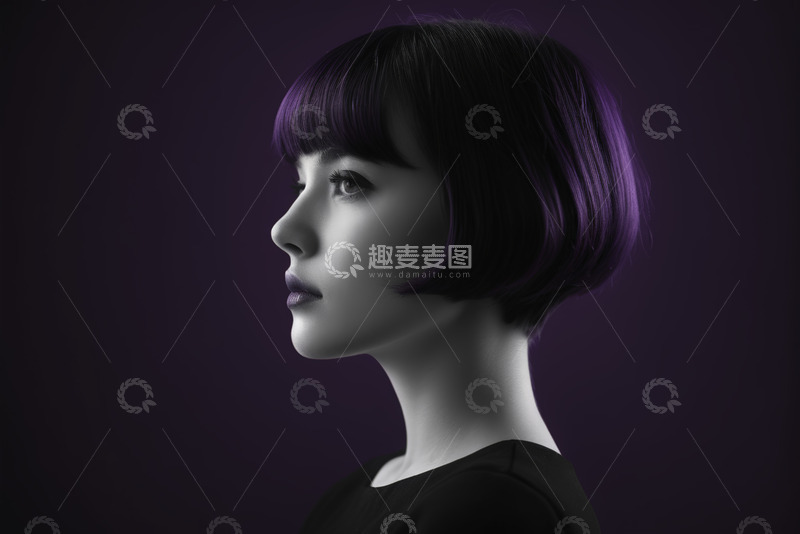 高清大图下载【趣麦麦图】年轻女孩紫色短发侧面肖像