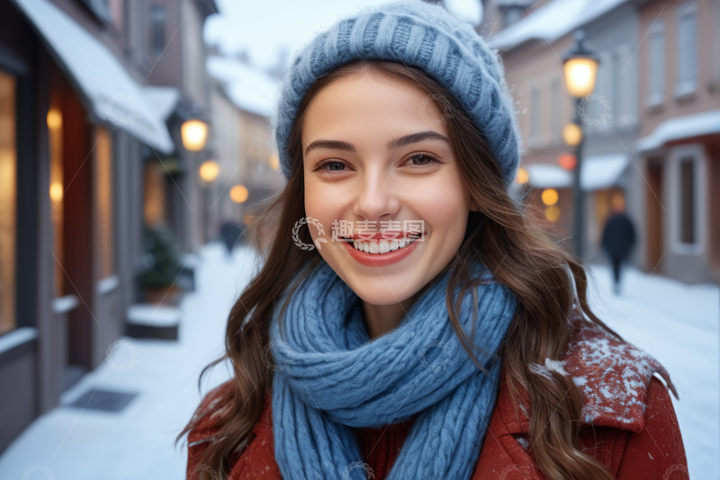 高清大图下载【趣麦麦图】冬日街头微笑的年轻女子