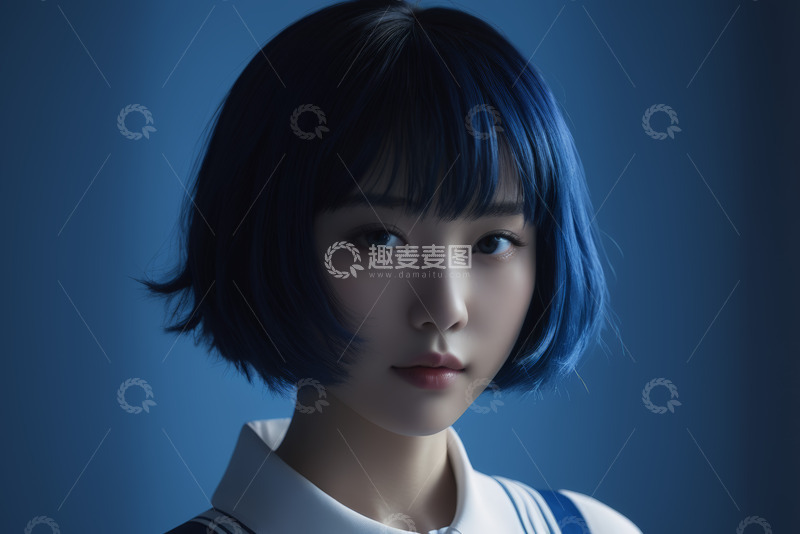 高清大图下载【趣麦麦图】蓝发女孩近景肖像