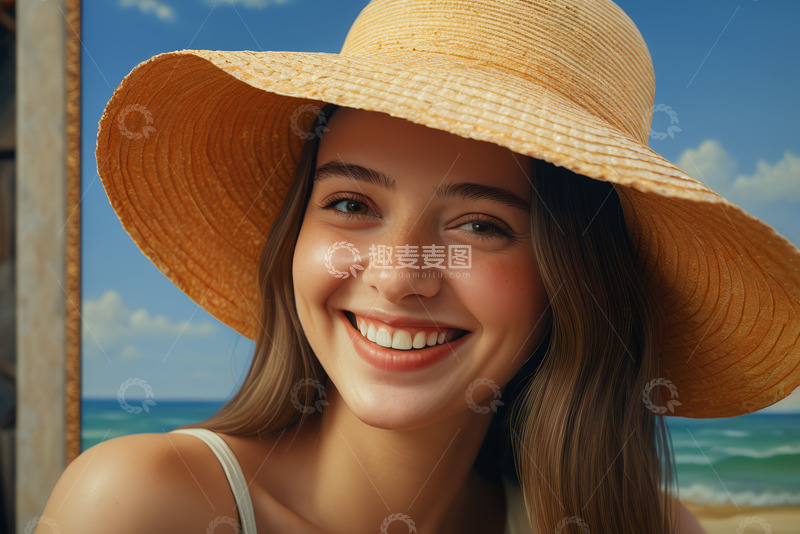 高清大图下载【趣麦麦图】戴草帽微笑的海边年轻女子