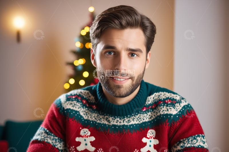 高清大图下载【趣麦麦图】穿圣诞毛衣的男子室内肖像