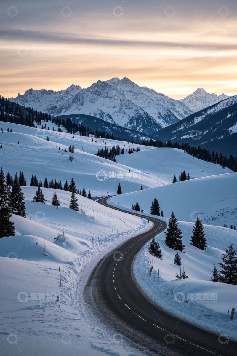 高清大图下载【趣麦麦图】雪山间蜿蜒公路雪景
