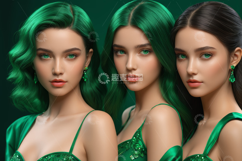 高清大图下载【趣麦麦图】三位绿发女性肖像