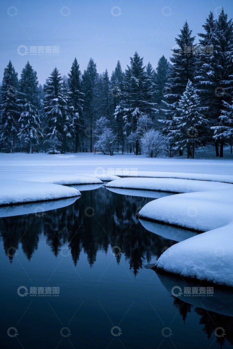 高清大图下载【趣麦麦图】雪覆森林边宁静的结冰湖面