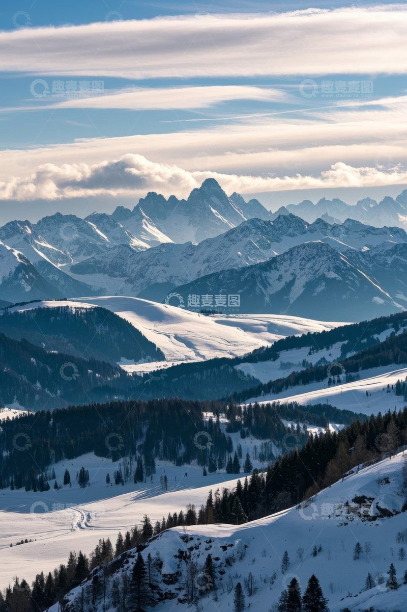 高清大图下载【趣麦麦图】雪山森林自然风光全景