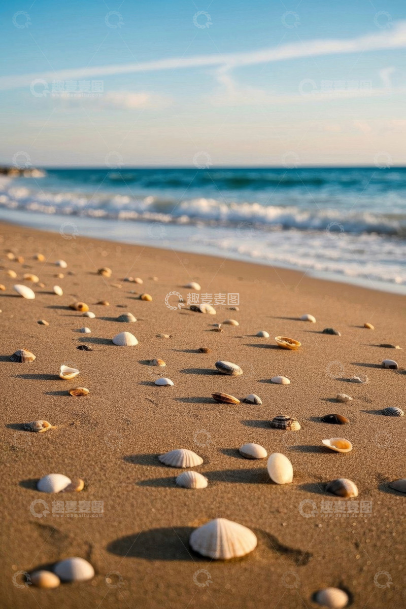 高清大图下载【趣麦麦图】海滩上散落的贝壳与海洋景象