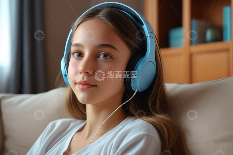 高清大图下载【趣麦麦图】女孩沙发上戴耳机听音乐