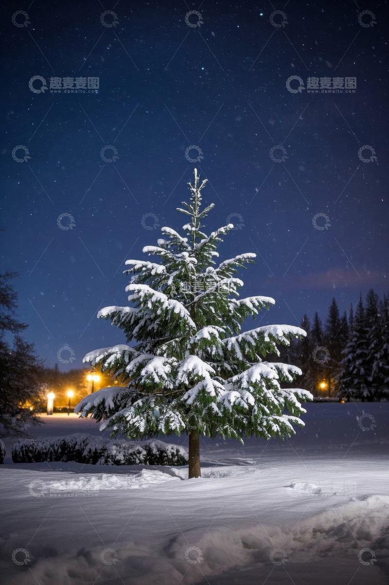 高清大图下载【趣麦麦图】冬夜积雪的圣诞树风景