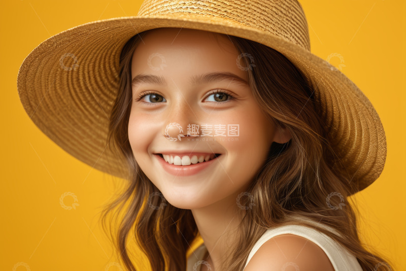 高清大图下载【趣麦麦图】戴草帽微笑的女孩肖像