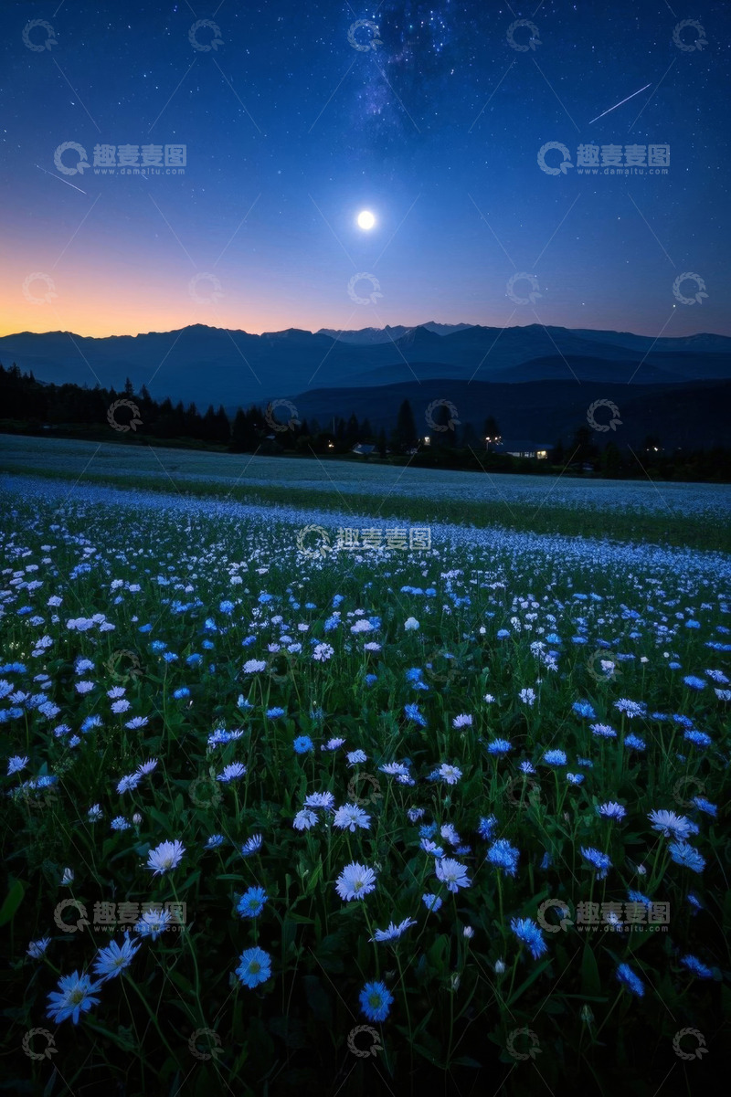 高清大图下载【趣麦麦图】月夜下的山间花海景色