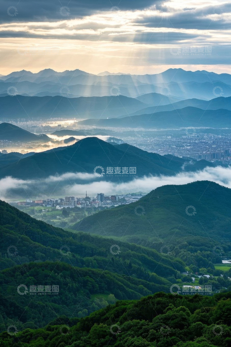 高清大图下载【趣麦麦图】山峦云海城市全景风光