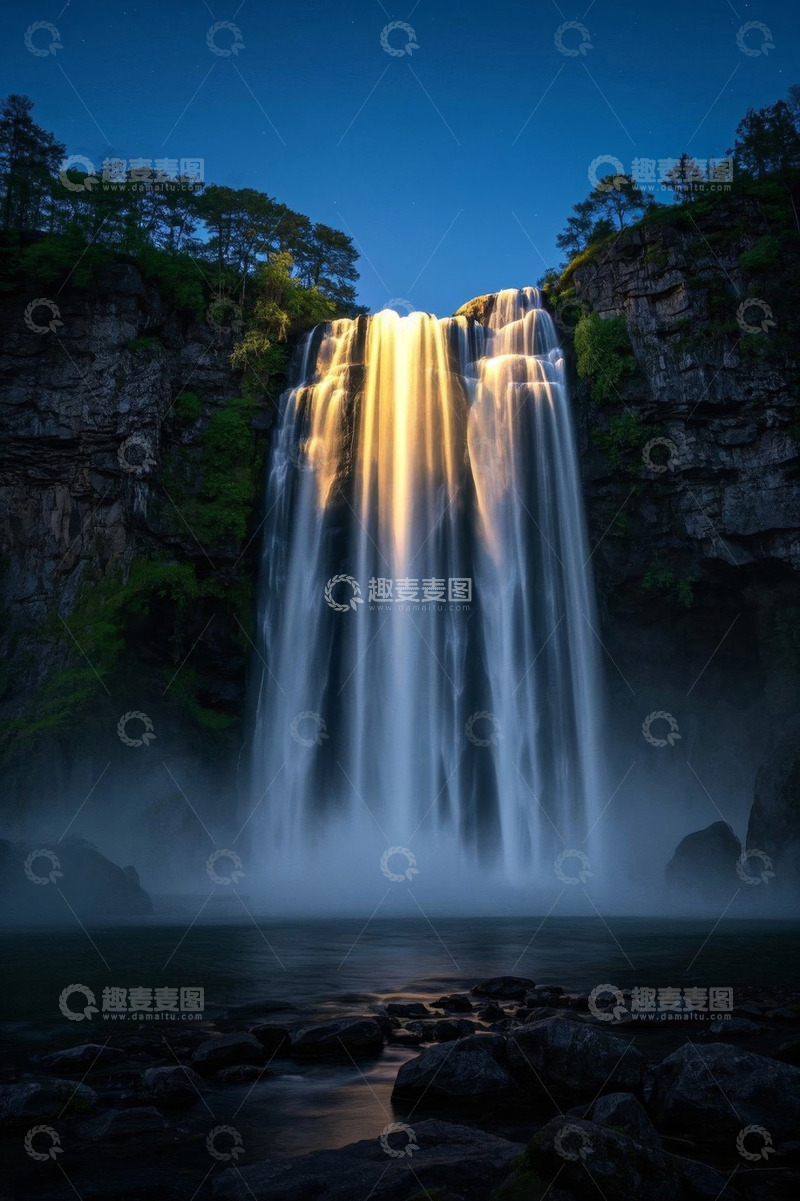 高清大图下载【趣麦麦图】夜晚壮丽瀑布自然风光