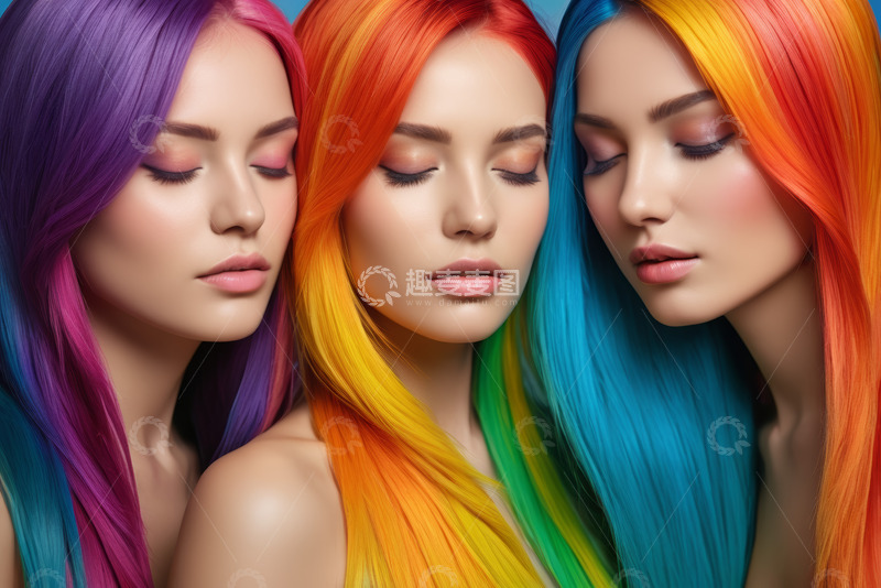 高清大图下载【趣麦麦图】三位彩发美女闭眼特写