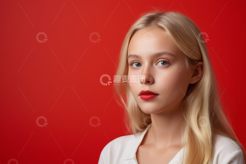 高清大图下载【趣麦麦图】金发女子红色背景肖像特写