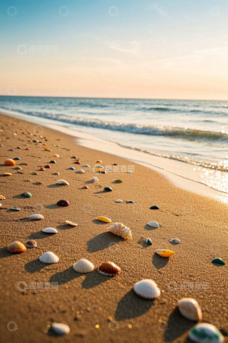 高清大图下载【趣麦麦图】海滩上散落的多彩贝壳