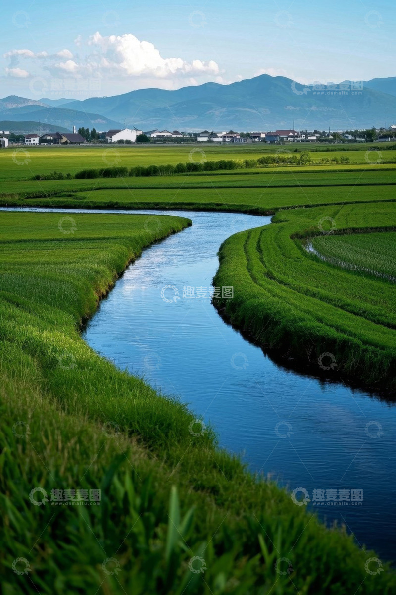 高清大图下载【趣麦麦图】田野间蜿蜒河流自然风光