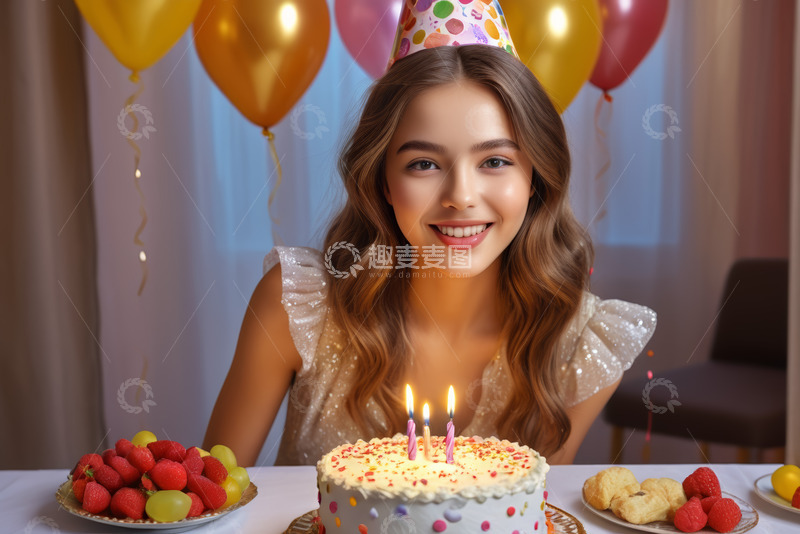 高清大图下载【趣麦麦图】女子庆生戴生日帽面对蛋糕微笑