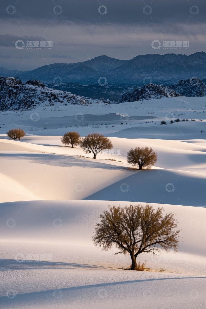 高清大图下载【趣麦麦图】沙漠雪景中稀疏树木景观
