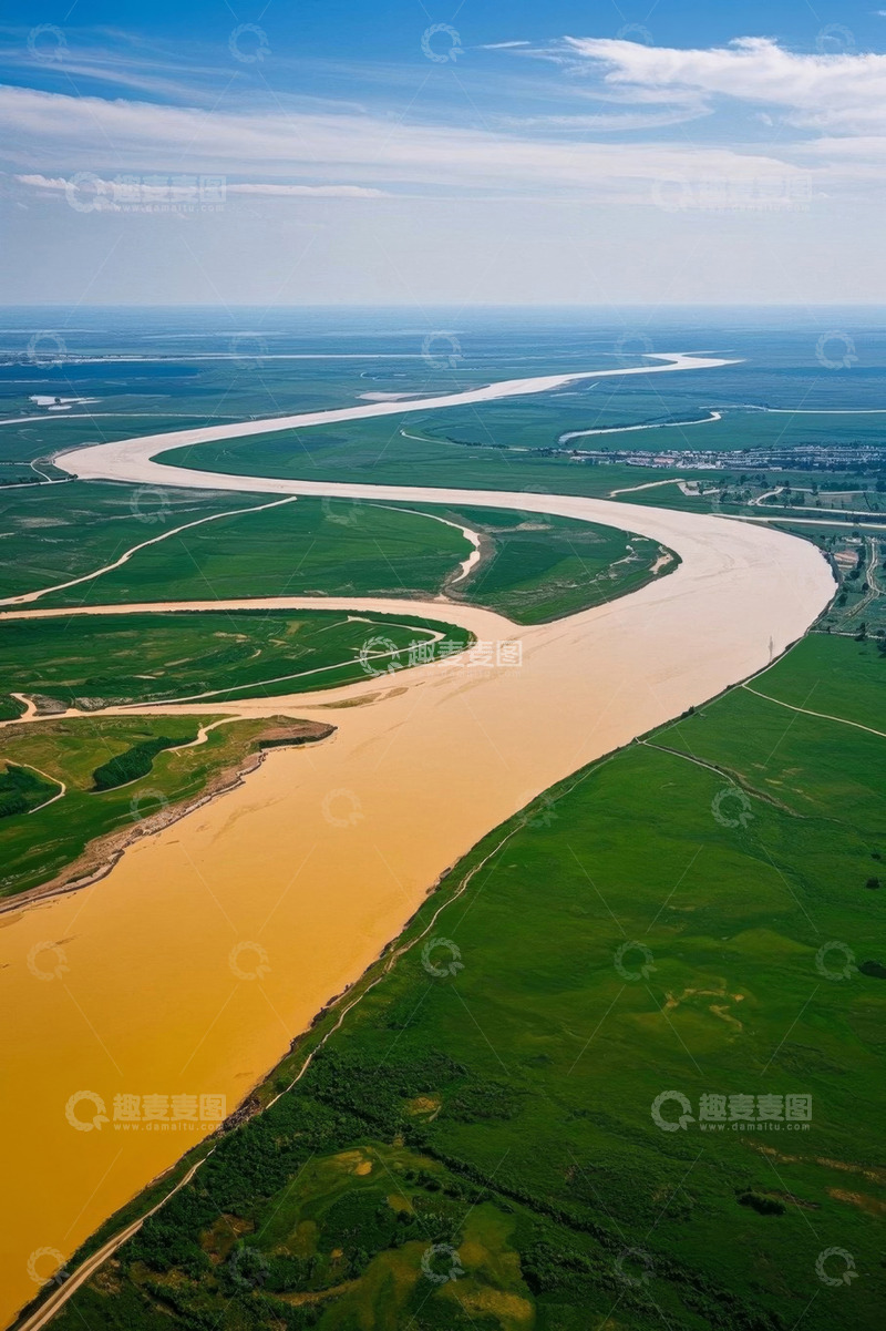 高清大图下载【趣麦麦图】黄河蜿蜒流经广袤绿野