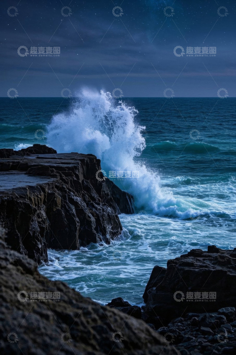 高清大图下载【趣麦麦图】夜晚海浪拍打礁石景象