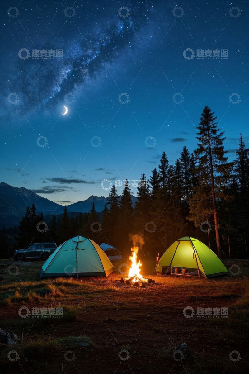 高清大图下载【趣麦麦图】野外露营星空下的帐篷与篝火