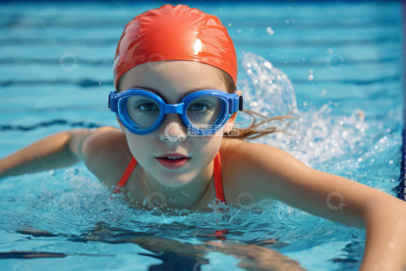 高清大图下载【趣麦麦图】泳池中戴泳镜泳帽游泳的女孩
