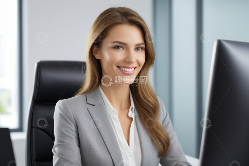 高清大图下载【趣麦麦图】女商人办公室电脑前微笑