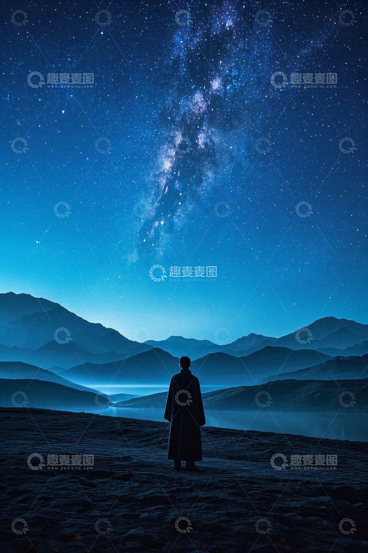 人在山间仰望星空夜景