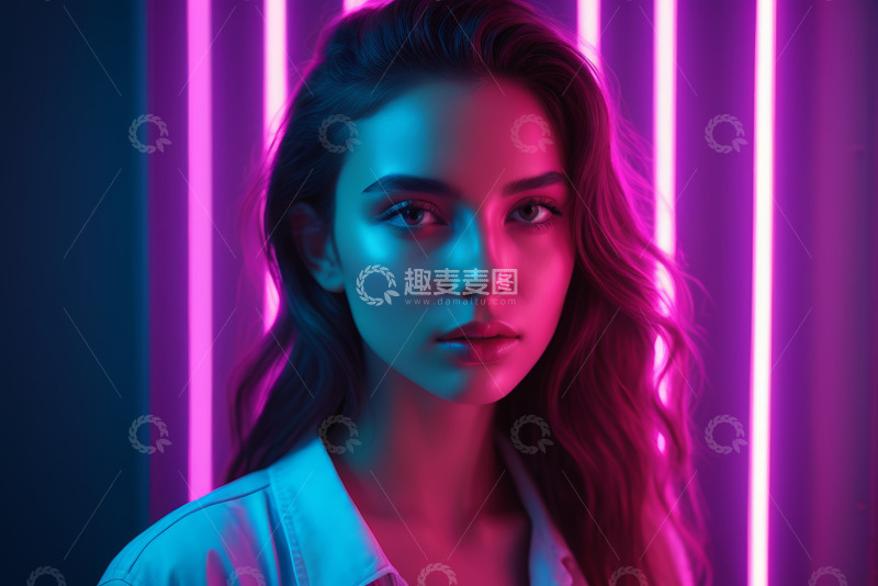 高清大图下载【趣麦麦图】霓虹灯下的时尚女性肖像