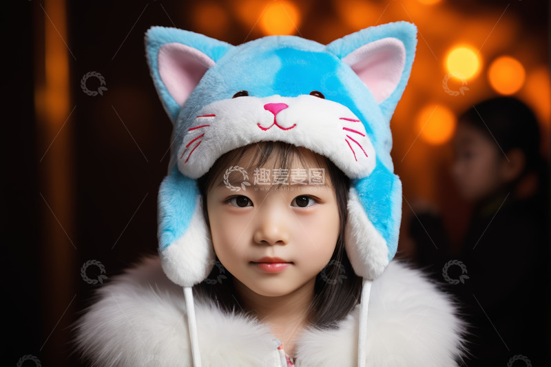高清大图下载【趣麦麦图】戴猫耳帽的亚洲小女孩特写