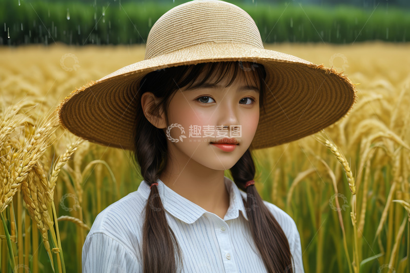 高清大图下载【趣麦麦图】麦田中的戴草帽少女