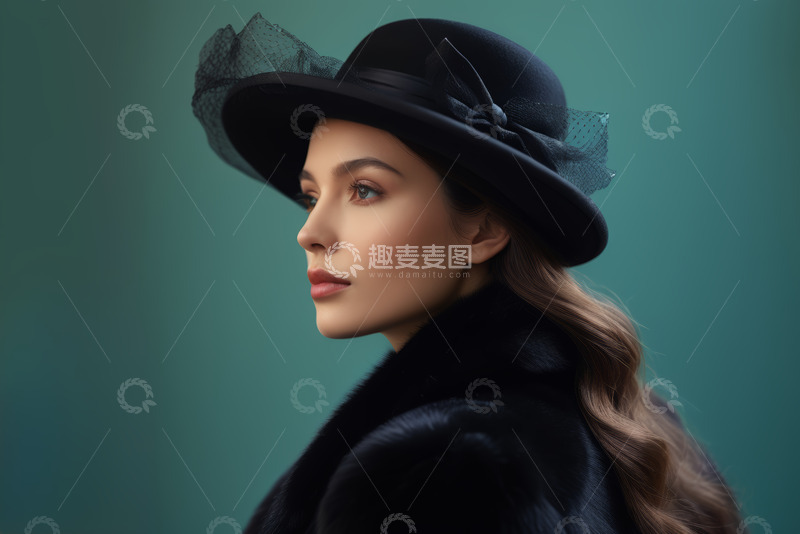 高清大图下载【趣麦麦图】戴黑帽穿皮草的女性侧颜