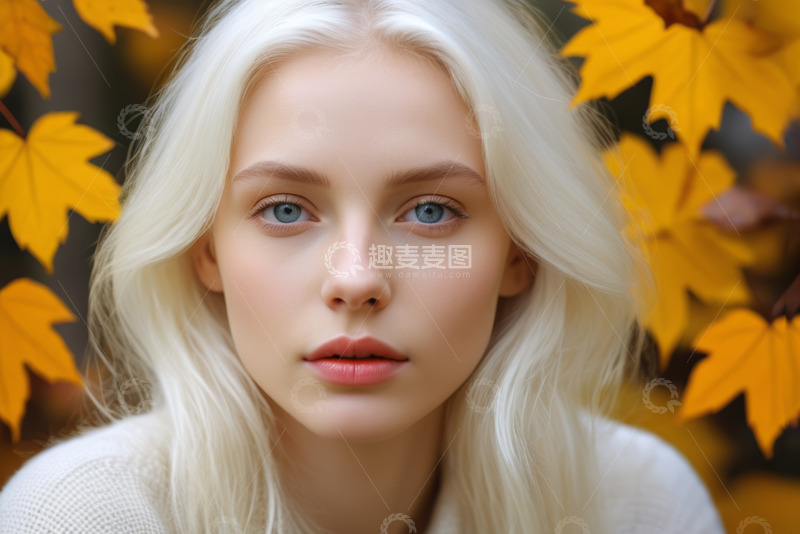 高清大图下载【趣麦麦图】金发女子秋季背景下的肖像